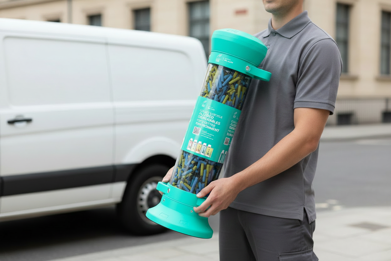 A courier carrying a Green Wings branded vape collection unit